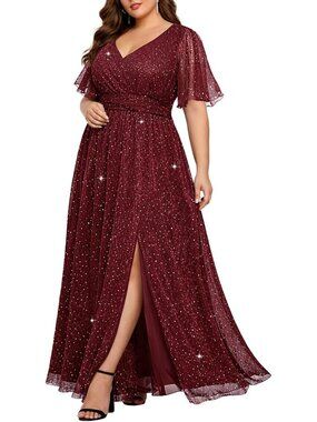 Plus Size Formal Evening Dress, V Neck Glitter Flutter Maxi for Special